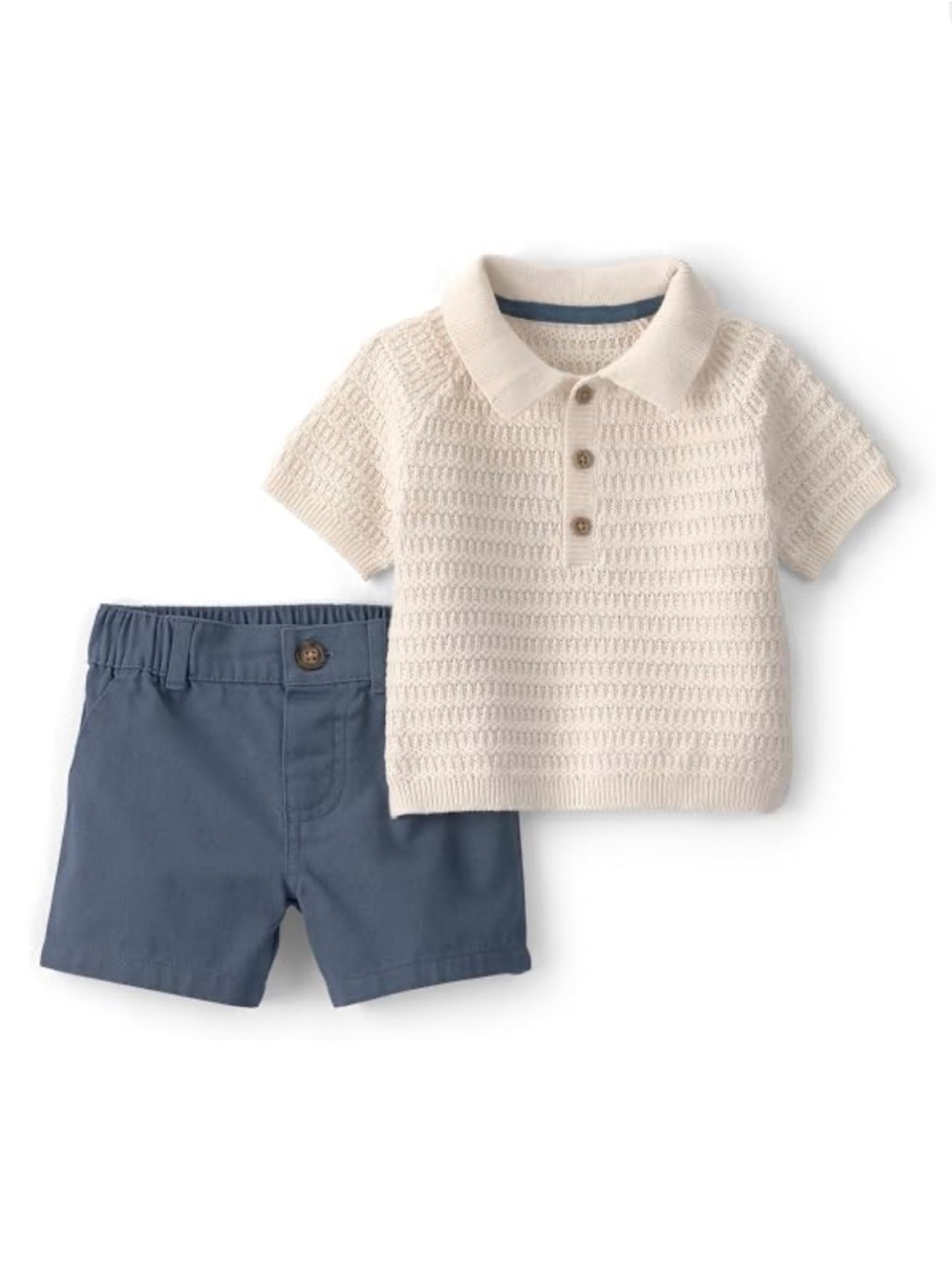 Carter’s Baby Boy 2-Piece Collared Shirt & Short Set- Cream Blue NWT 100% Cotton